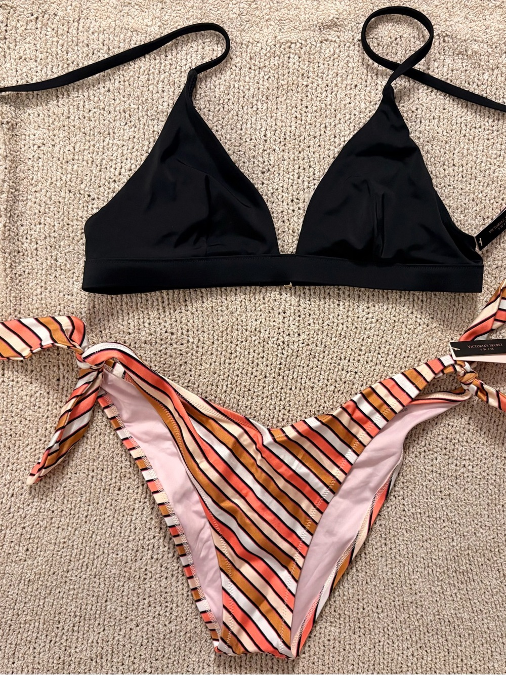 Victoria's Secret Black Triangle Bikini Top with Striped Tie-Side Bottom